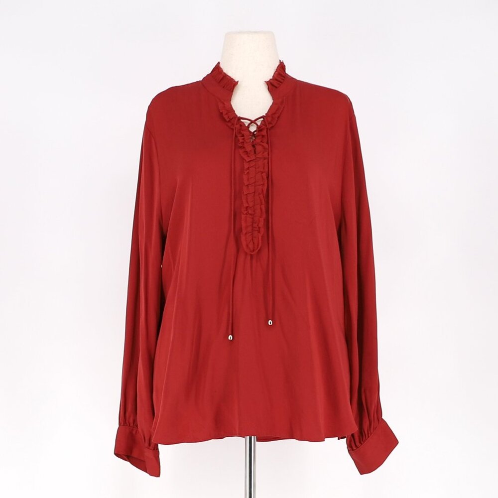 NWT CHICO'S Ruffle Tie Neck Pullover Sandwash Satin Blouse in Spiced Red Size 4